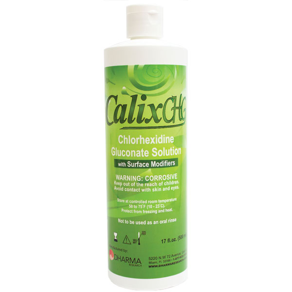 Calix-CHG Solution, 500 mL Bottle. Contains 2% Chlorhexidine Gluconate plus wetting agents