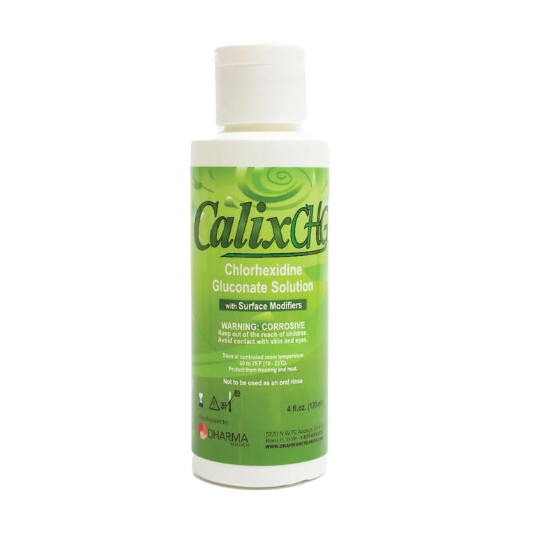 Calix-CHG Solution, 125 mL Bottle. Contains 2% Chlorhexidine Gluconate plus wetting agents