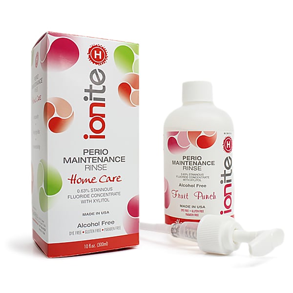Ionite-H 0.63% Stannous Perio Rinse - Fruit Punch, case of 12 x 10 oz. bottles. Clear anti-cavity