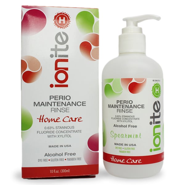 Ionite-H 0.63% Stannous Perio Rinse - Spearmint, case of 12 x 10 oz. bottles. Clear anti-cavity