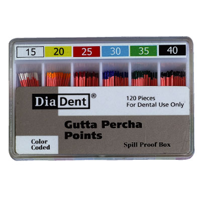 DiaDent #45 Gutta Percha Points Spillproof (120/box). ISO-sized, non-marked, color-coded, hand