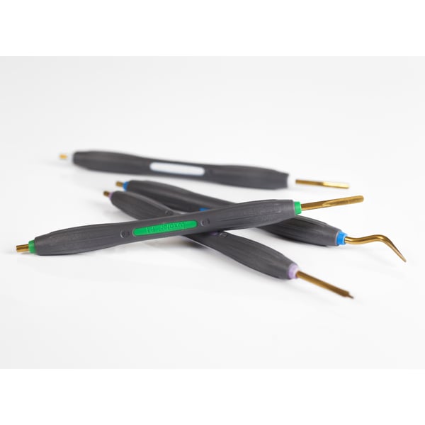 Luxator P-series PK4 Kit. Contains 1 of each: straight blade, inverted curved blade, contra angle