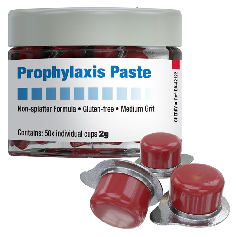 DSI Cherry Prophylaxis Paste, 2g Cups, 50/Pk. Contains polishing particles and potassium nitrate
