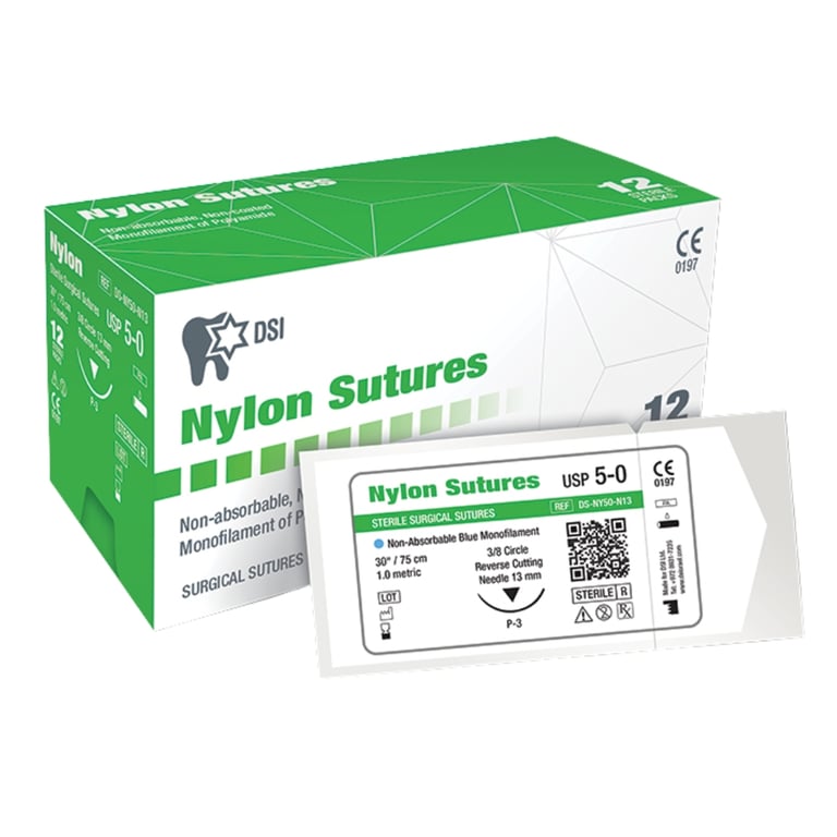 DSI Nylon Sutures, 5-0 USP, 13mm Needle, 12/Pk. Non-absorbable blue monofilament provides high