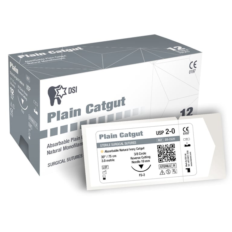 DSI Plain Gut Absorbable Sutures, 2/0 USP, 75cm, 19mm 3/8 Circle Reverse Cut Needle, 12/Pk
