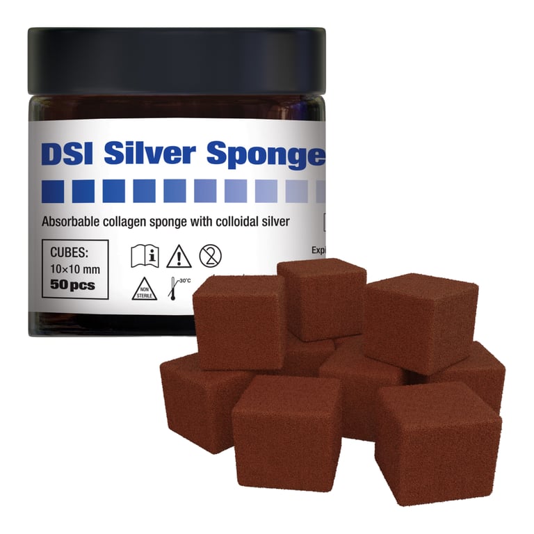 DSI Silver Sponge 10 x 10mm Collagen Hemostatic Cube, Non-Sterile, Jar, 50/Pk. Absorbs fluid