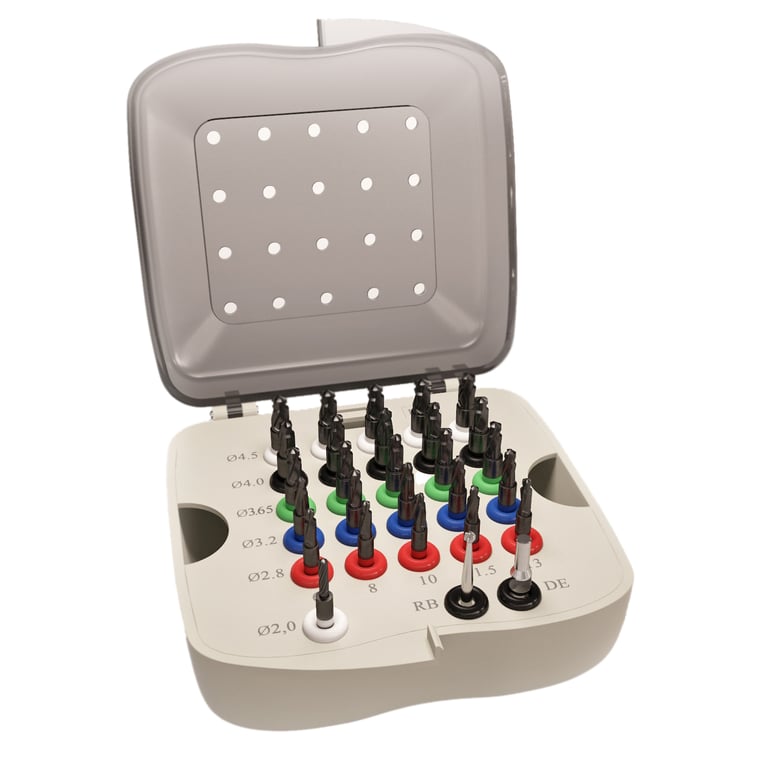 DSI Step & Stop Implant Drill Kit with DLC Coating. Includes 1 pilot drill, 1 drill extender, 1