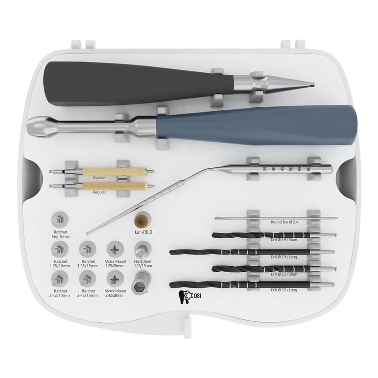 DSI Zygo Implants Surgical Kit. Includes 4 zygomatic drills (Ø2.9/3.5 mm, L 54/82 mm), depth gauge
