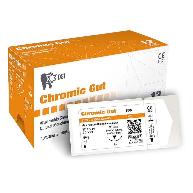 DSI Chromic Gut 3/0, 30" (75cm) Absorbable Natural Monofilament Suture, Sterile, Tan, 12/Box. 19mm
