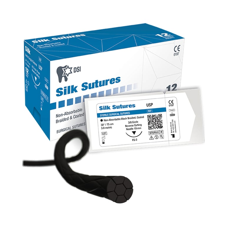 DSI Black Silk Braided Sutures 3/0 USP, 30", 19mm 3/8 Circle Needle, 12/Pk. Non-absorbable braided
