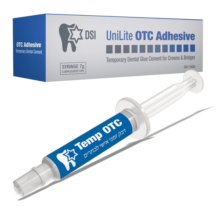 DSI Temp OTC Temporary Adhesive for Crowns & Bridges, 7g Syringe & 5 Applicator Tips. Sets in 1520