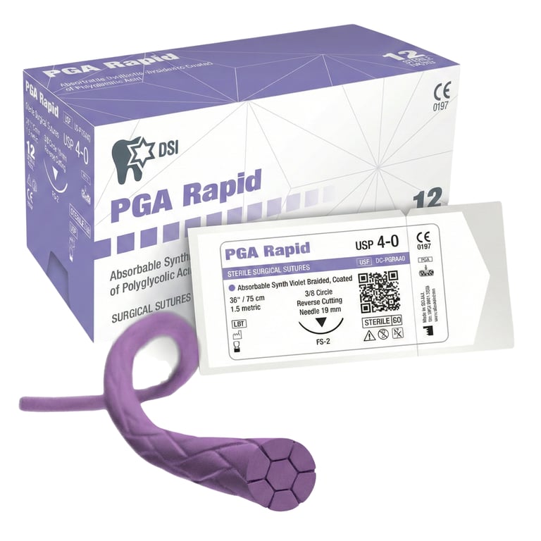 PGA Rapid Suture, 4/0, 19mm Reverse Cutting 3/8 Circle, 75cm, 12/Pk. Synthetic absorbable braid