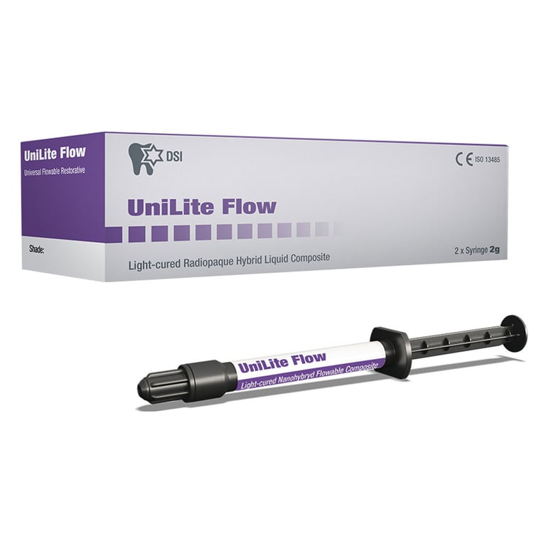 UniLite Flow Light-Cured Radiopaque Hybrid Liquid Composite, A3.5, 2g Syringe, 2/Pk. Provides
