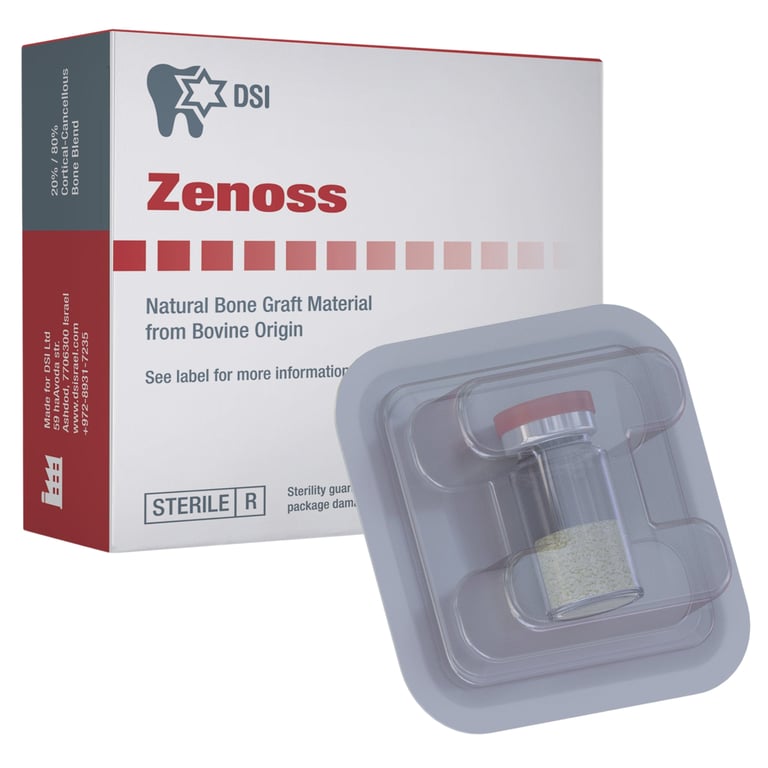 Zenoss Natural Bovine Bone Graft Granules, 200-1000µm, 0.25cc, 1/Pk. Provides a 20/80