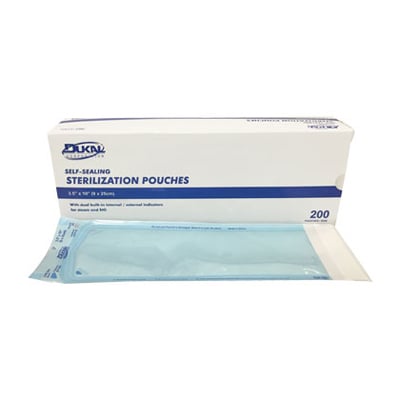 Dukal 2.75" x 10" Sterilization Pouch, Self-Sealing 200/Box . Dual Indicators. Blue see-through