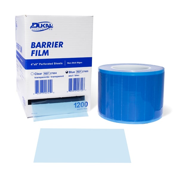 Dukal 4" x 6" Blue Barrier Film, 1200/Roll. Perforated Sheets with Low Tack adhesive backing are