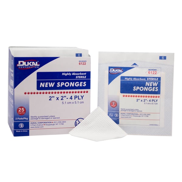 Dukal 2" x 2" 4-ply Sterile Non-Woven Sponges, 2 Sponges per Pack, Box of 1500 Packs