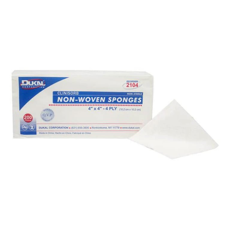 Dukal 4-Ply Non-Woven Sponges, 4" x 4", Non-Sterile, 200/Pk. Soft, strong, and highly absorbent