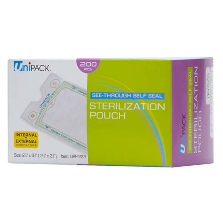 UniPACK 2.25" x 3.75" Sterilization Pouches, Paper/Blue Film, 200/Pk. Featuring color-changing
