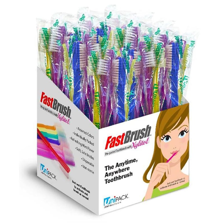 UniPACK Disposable Pre-Pasted Tooth Brush, Assorted, 100/Box. Individually wrapped. 4 assorted