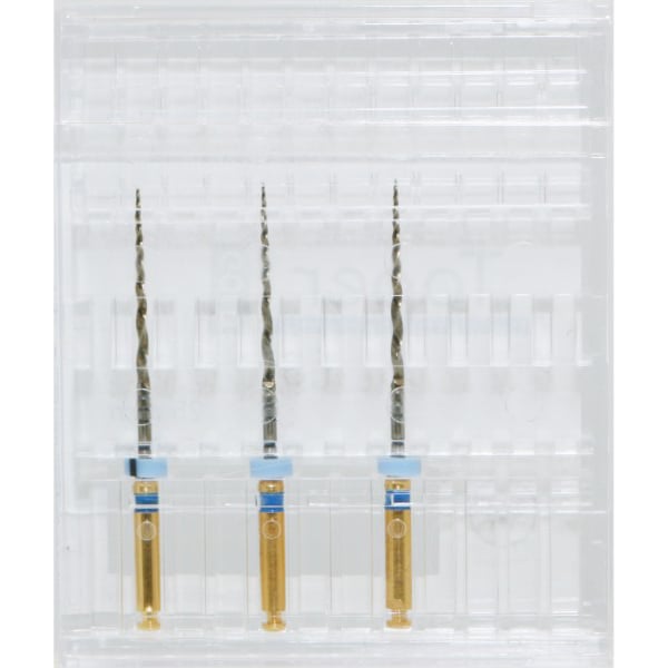 Taper Gold Endodontic File 25mm-f.3, 3/Pk. Tip Ø30/0.09% Taper. files are coated with special gold