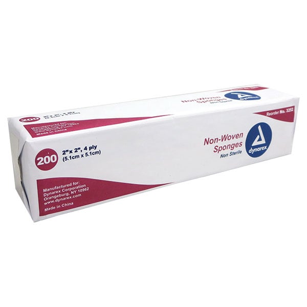Dynarex 2" x 2" 4-ply Non-Sterile Non-woven Sponges, 4000/case. Provides maximum absorbency