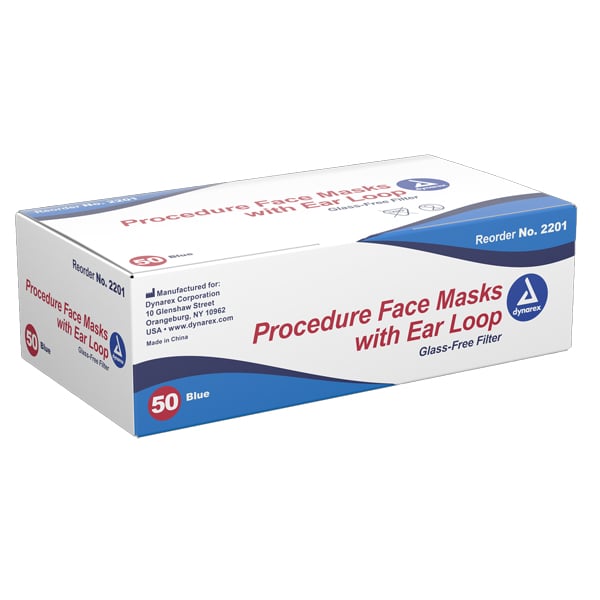 Dynarex Procedure Earloop Face Mask Blue, 50/Box. Pleated, lightweight material with flexible nose