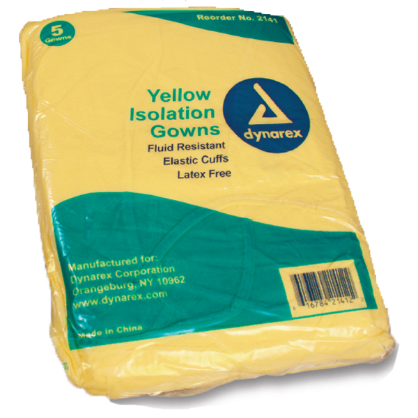 Dynarex Isolation Gowns 10/pk. Yellow, universal, fluid resistant, elastic cuffs, non-sterile