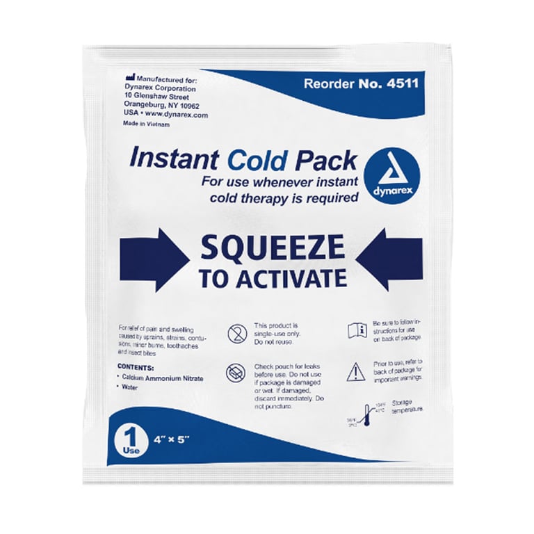 Dynarex Single-use 4" x 5" Instant Cold Pack, 24/Case. Designed to help provide rapid relief