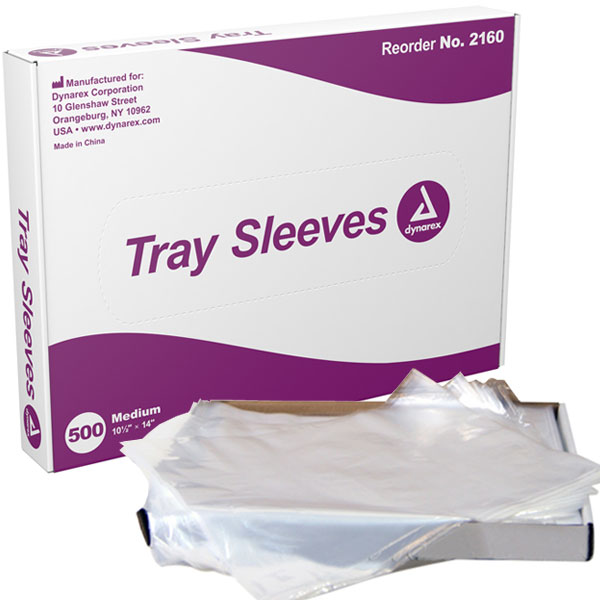 Dynarex 10.50" x 14" Clear Plastic Tray Sleeves, 500/Box, 6 Boxes/Case. 3000 Sleeves Total. Latex