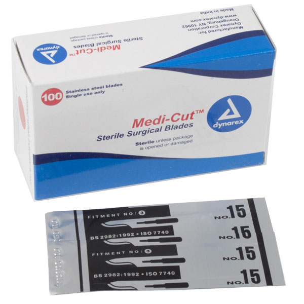 Medicut #15 Sterile Blades, 100/Bx. Stainless Steel Surgical Scalpel Blades, Individually Foil