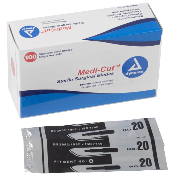 Medicut #20 Sterile Blades, 100/Bx. Stainless Steel Surgical Scalpel Blades, Individually Foil