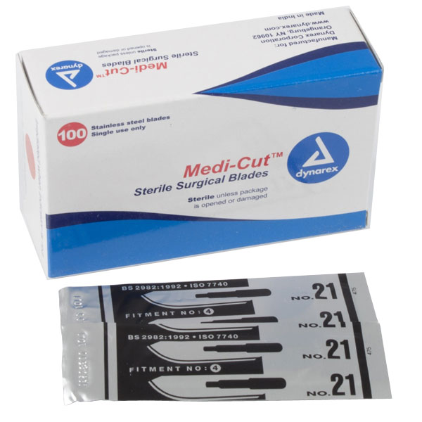 Medicut #21 Sterile Blades, 100/Bx. Stainless Steel Surgical Scalpel Blades, Individually Foil