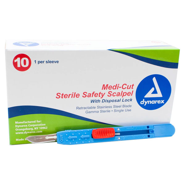 Medicut #15 Safety Sterile Scalpels, 10/Bx. Blade retracts with one simple motion and can be