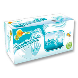 BeeSure Naturals Glacier Nitrile Exam Gloves: Small 300/Bx. Glacier Blue, Powder-Free, Textured