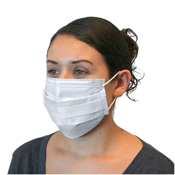 BeeSure Earloop Face Mask, WHITE. 3-ply, 4-fold ear-loop face mask. 100% Latex free