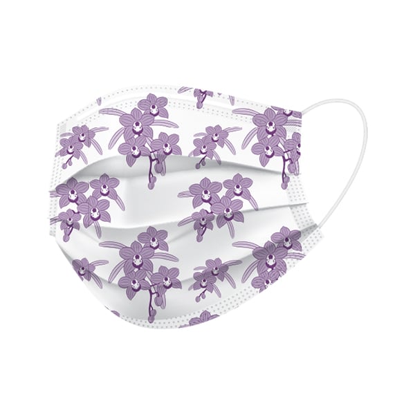 BeeSure Earloop Face Mask, ORCHID Printed Floral Design, 50/Box. Quad-Fold design. 100% Latex free