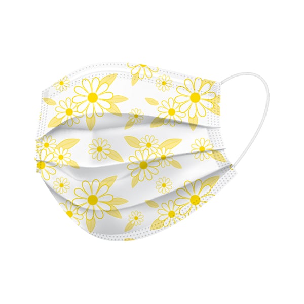 BeeSure Earloop Face Mask, DAISY Printed Floral Design, 50/Box. Quad-Fold design. 100% Latex free