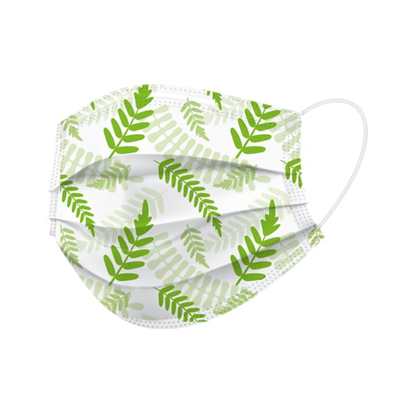 BeeSure Earloop Face Mask, FERN Printed Floral Design, 50/Box. Quad-Fold design. 100% Latex free