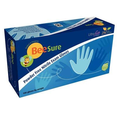 BeeSure Nitrile Exam Gloves: Small, 100/Bx, Blue, Non-Sterile, Powder-free, Ultra-Soft