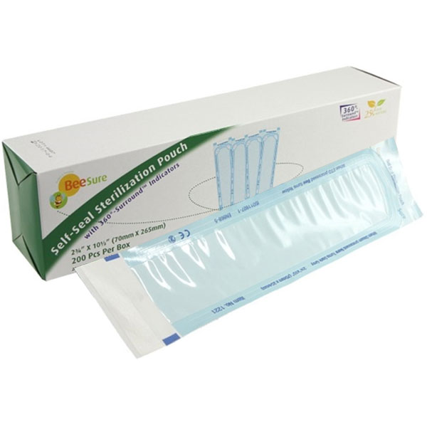 BeeSure Sterilization Pouch 2-3/4" x 10-1/2" 200/Pk. Self-seal, Triple sealed rails. Blue