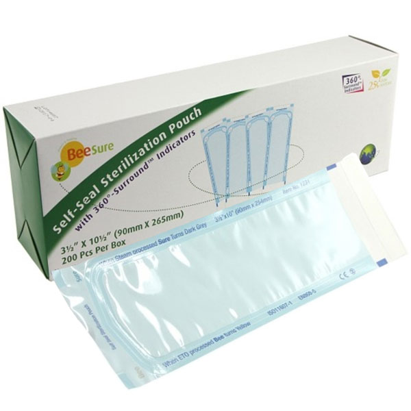 BeeSure Sterilization Pouch 3-1/2" x 10-1/2" 200/Pk. Self-seal, Triple sealed rails. Blue