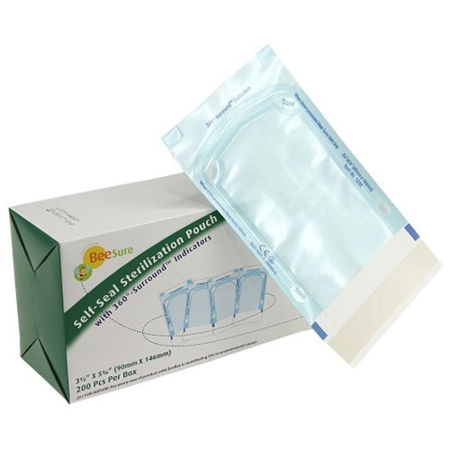 BeeSure Sterilization Pouch 3-1/2" x 5-3/4" 200/Pk. Self-seal, Triple sealed rails. Blue