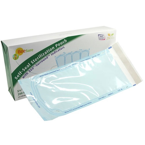 BeeSure Sterilization Pouch 5-1/4" x 11-1/2" 200/Pk. Self-seal, Triple sealed rails. Blue