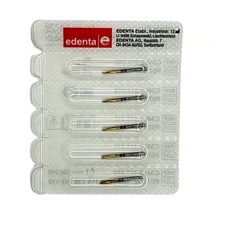 Edenta FG #C34LT.315.016 Metal Crown Cutter Carbide Bur, 5/Pk. Designed with TiN coating