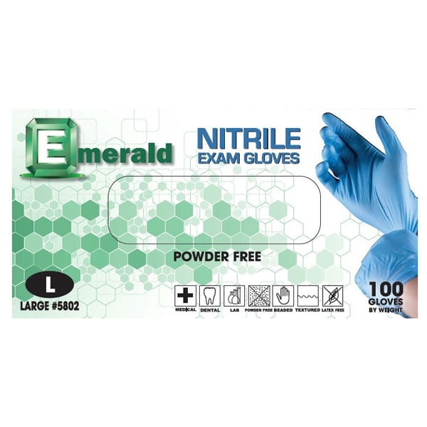 Emerald Nitrile Exam Gloves - Large, 100/Bx. Powder Free, Latex Free, Textured, 3 mil