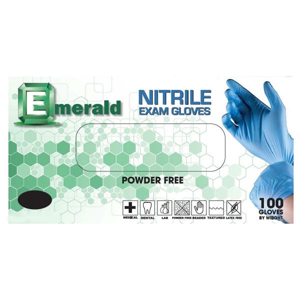 Emerald Nitrile Exam gloves - X-Small, 100/Bx. Powder Free, Latex Free, Textured, 3 mil