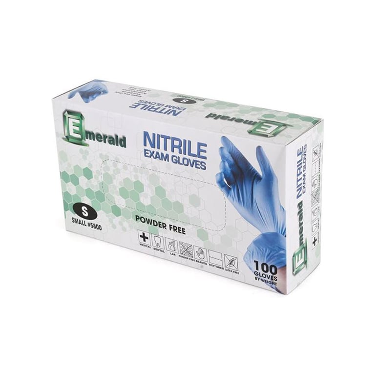 Emerald Nitrile Powder Free Exam Gloves - Small, Case of 10 x 100/Box. Latex-free, textured, 3 mil