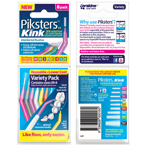 Piksters Kink Interdental Brushes variety pack sizes 00 6, 8/pack