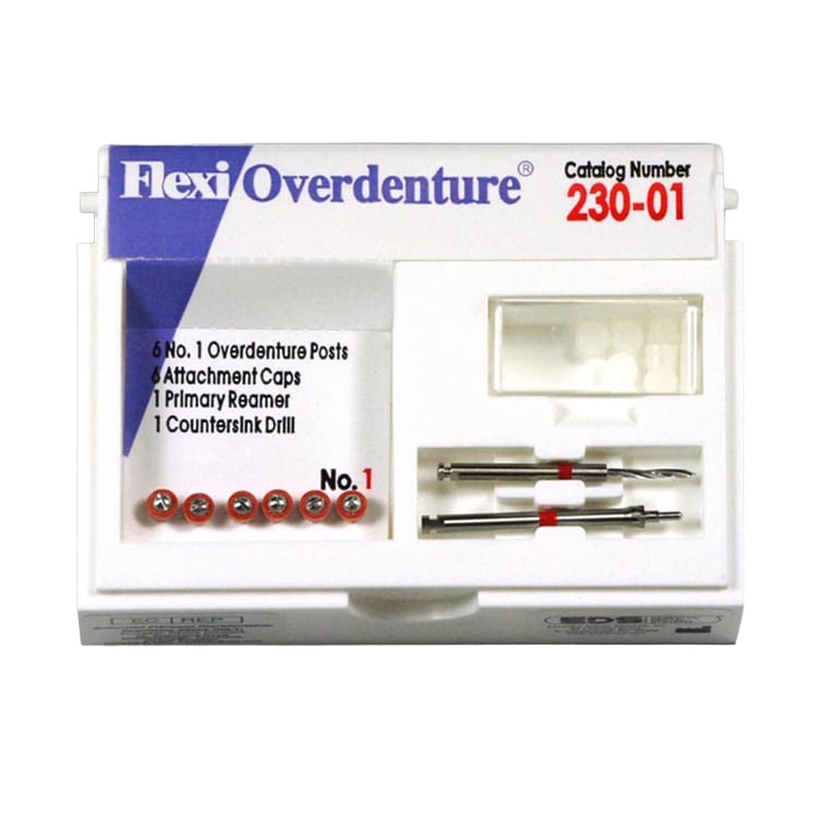 Flexi-Overdenture Stainless Steel #1 Red Refill: 6 Overdenture Posts, 6 Attachment Caps, 6 Rubber